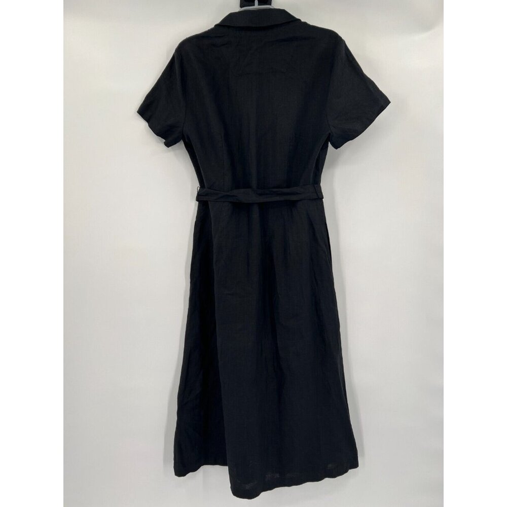 Quince Women's Black Linen Button Front Dress sz M Midi A-Line Belt Short Sleeve - Picture 9 of 9